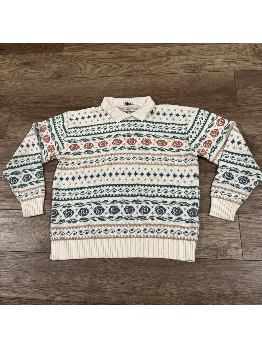 Vintage 80s Cricket Lane Knit Polo Sweater Striped Floral